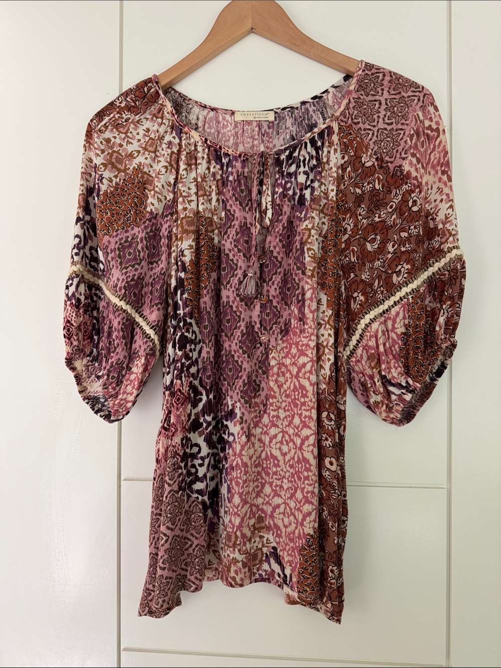 lovestitch Pink & Brown Patchwork Boho Tie-Neck Blouse